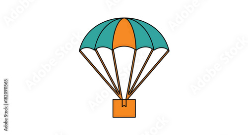 Title:
Vector illustration of parachute with orange and teal canopy attached to box, symbolizing delivery, logistics, and safe package drop
