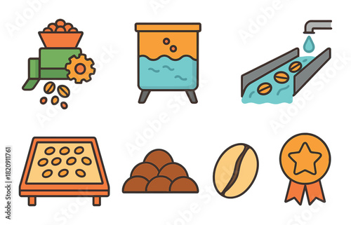 Coffee production process: harvesting, fermentation, washing, drying, grading, quality