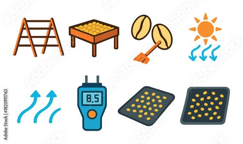 Coffee processing icons depicting drying roasting and measuring tools