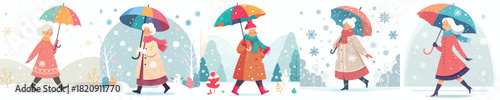 grandmother walking with umbrella in snowy atmosphere