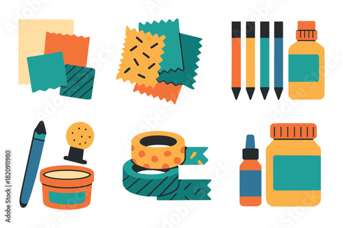 Bright colorful art and craft supplies with tape, markers, and paper