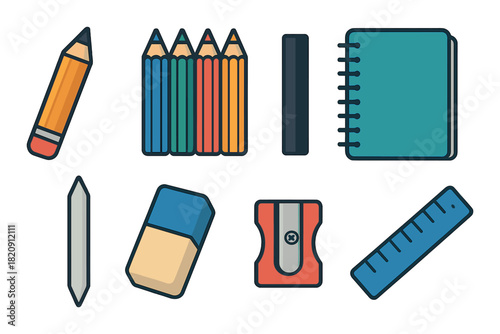 Colorful cartoon stationery set featuring pencil, notebook, eraser, and sharpener on dark background