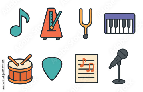 Colorful musical icons set: notes, instruments, and microphone