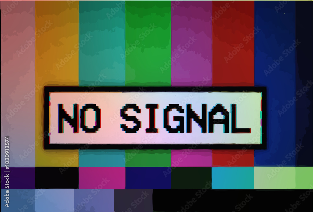 Obraz premium Retro No-Signal Test Pattern, TV test pattern, no signal screen, retro broadcast design, analog TV style, vertical color bars, glitch effect, chromatic aberration, distorted text, cyan red offset,