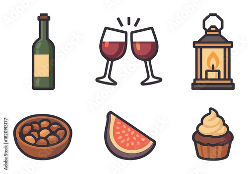 Wine night essentials icons with bottle, glasses, candle, snacks, fruit, cupcake
