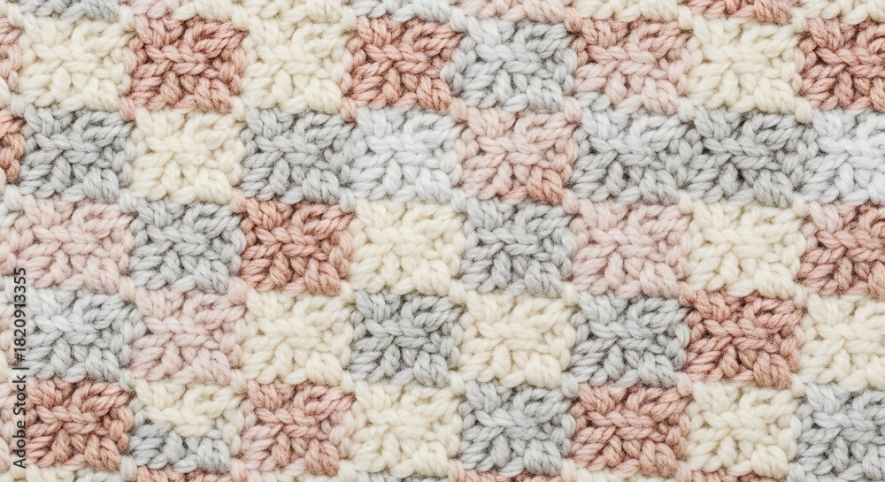 Fototapeta premium Delicate yarn squares interlock in gentle hues, a crocheted texture of comfort and handcrafted warmth.