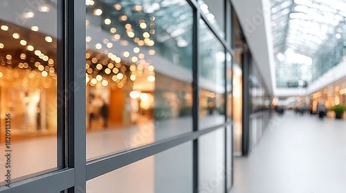 Modern Interior with Glass Panels and Bokeh Lights Creating a Stylish and Reflective Ambiance