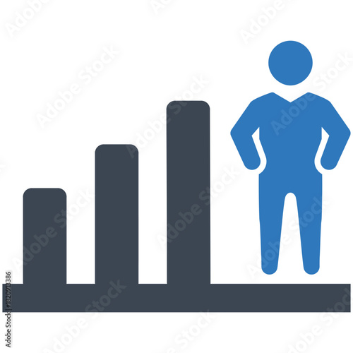 The Growth in Data: An individual stands confidently atop a rising bar graph, symbolizing success and financial progress.