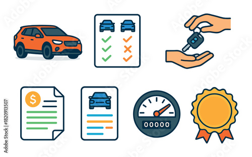Car rental concept icons featuring vehicle, speedometer, keys, and contract elements