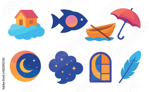 Dreamy night symbols: house, fish, boat, umbrella, moon, stars, window, feather
