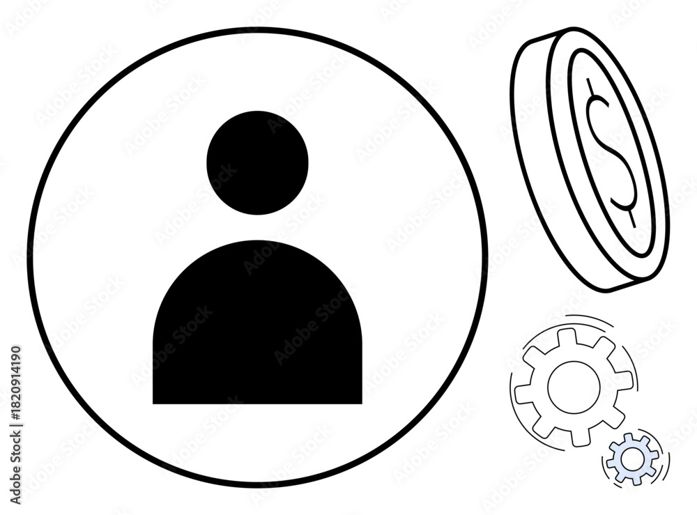 Fototapeta premium Black user icon in circle next to coin and gear symbols indicating finance, automation, and efficiency. Ideal for finance, systems, user roles, technology, process, HR simple flat metaphor
