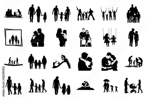 Assortment of family and child silhouettes in loving and active poses
