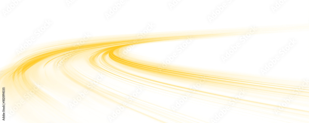 © MEDUZA - Transparent yellow neon speed line with futuristic motion effect. Abstract glowing light trails visualize high speed data flow and energy movement. Dynamic technological background isolated in png.