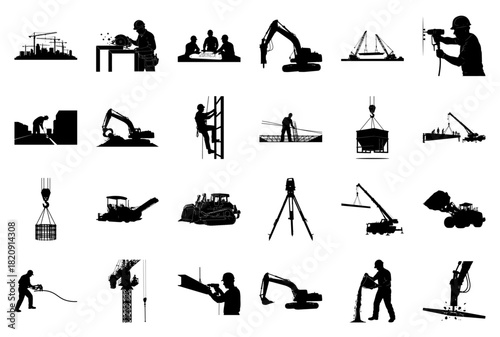 Construction Silhouettes With Machinery And People Keywords: construction, industry, silhouette
