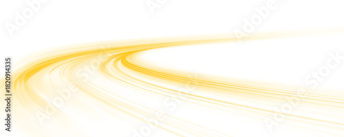 Transparent yellow neon speed line with futuristic motion effect. Abstract glowing light trails visualize high speed data flow and energy movement. Dynamic technological background isolated in png.