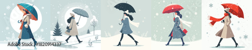 woman walking with umbrella in snowy atmosphere