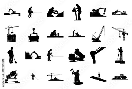 Construction Site Operations and Machinery Silhouettes Keywords: construction, worker