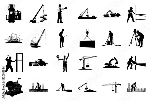 Construction Site Activities and Equipment Silhouettes Keywords: construction, worker