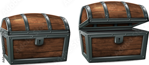 Two antique wooden chests, one of them is open. White background. High detailed realistic illustration.