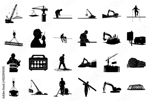 Construction Site Silhouettes of Cranes Excavators and Workers Keywords: construction, building