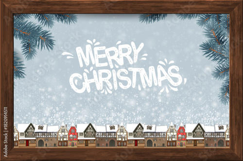 Merry Christmas greeting in a wooden frame. Old town, falling snow.  Highly realistic illustration.