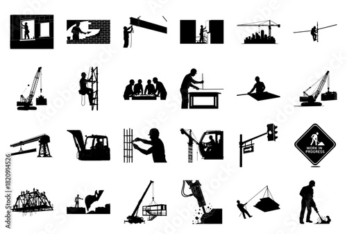 Construction Workers And Equipment Silhouettes On White Background Keywords: construction
