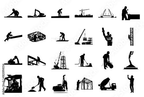 Construction Workers and Heavy Equipment Silhouettes Keywords: construction, building, industry