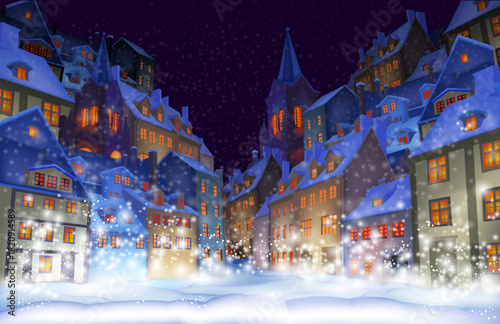 Christmas background.  Fabulous snow-covered town in the Christmas night. Highly realistic illustration.