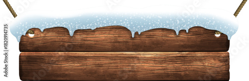Old wooden snow covered shield on a white background. Highly realistic illustration