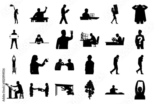 Silhouette of people in various work and life situations