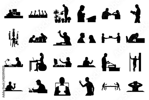 Silhouette of people in work and study situations Keywords: business, people, silhouette, office