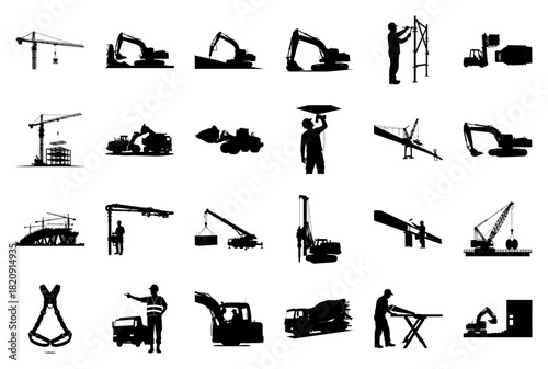Silhouette of construction equipment and workers Keywords: construction, industry, silhouette