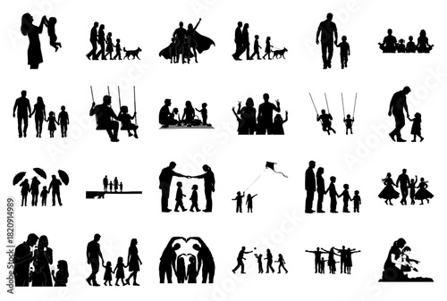 Silhouettes of families and children in everyday and playful scenes