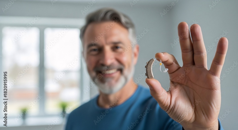 Fototapeta premium Happy mature man shows modern hearing aid in hand improving auditory experience and communication promoting well being and an active lifestyle overcoming hearing loss