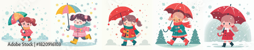 little girl walking with umbrella in snowy atmosphere