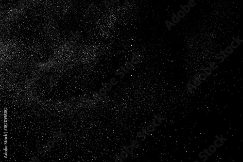 Snow flakes falling isolated. White snowflakes on black background. Distressed white grainy pattern texture. Dust overlay textured. Grain noise particles. Vector illustration, EPS 10.