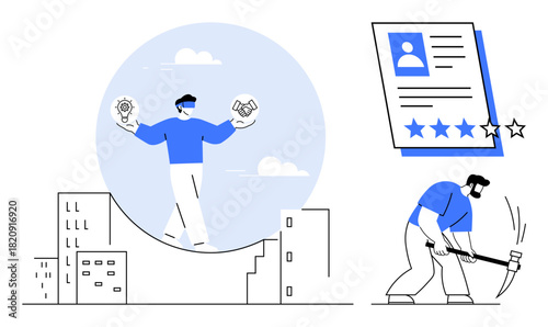 Person balancing lightbulb and handshake over cityscape, man working with pickaxe, and rating feedback sheet. Ideal for teamwork, innovation, business feedback, rating systems, job performance, hard