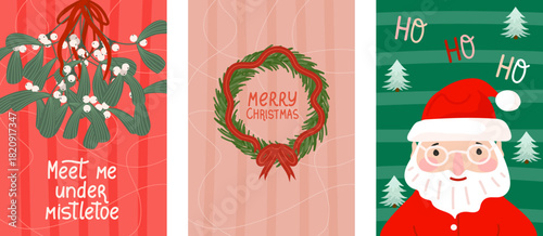 Merry Christmas card set. Cute winter holiday striped poster with Santa, mistletoe, Christmas wreath. For holiday greeting, poster, banner, and background. Vector illustration