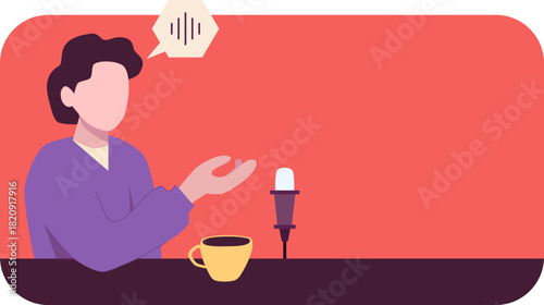 Podcast Host Sitting at Desk with Microphone