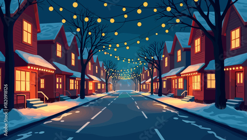 Warm christmas lights street christmas scene with yellow lanterns over winter roadway