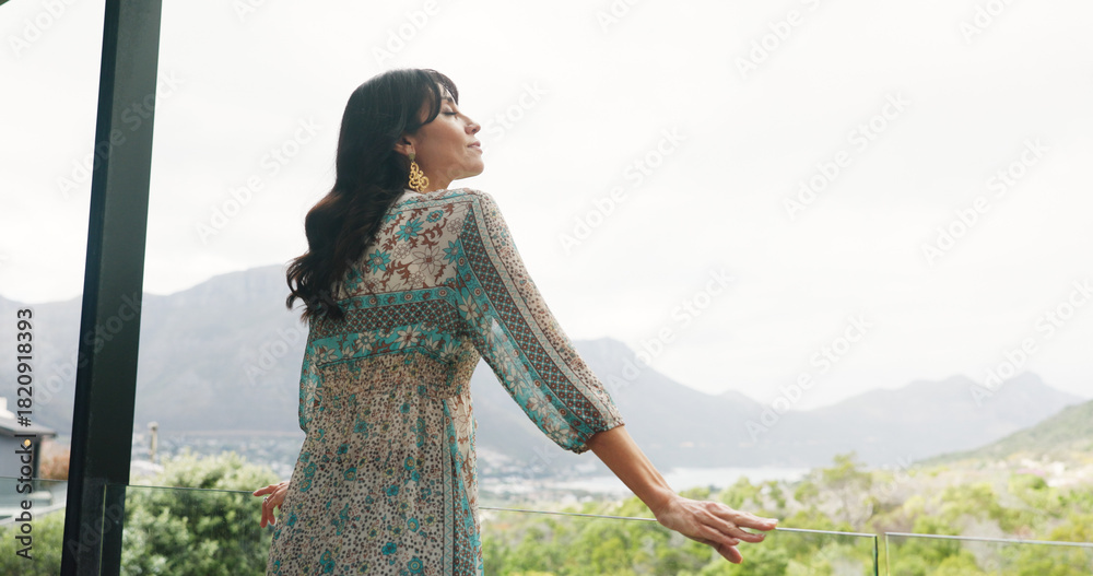 Obraz premium Below, woman and thinking on balcony at hotel for travel, scenic view and fresh air on holiday. Female person, vision or reflection and breathing on terrace, nature greenery and mountain on vacation
