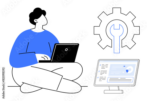 Person using laptop while sitting cross-legged, gear symbol with wrench, and monitor displaying analysis. Ideal for productivity, technology, innovation, efficiency, teamwork, data management simple