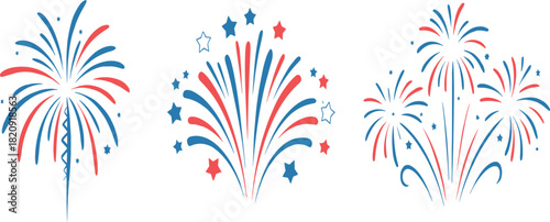 Set of Three Stylized Fireworks Illustration, Red White Blue Celebration Design, American Independence Day Patriotic Event Graphic Collection, Vector Clip Art