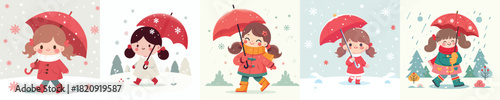 little girl walking with umbrella in snowy atmosphere
