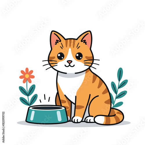 Homeless ginger cat with an empty food bowl. Cartoon character graphic for pet adoption. Animal shelter and charity concept