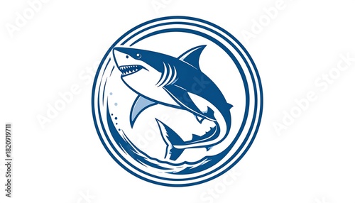 A blue shark crest within three concentric circles, accompanied by wave elements, all on a white background