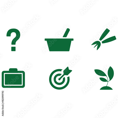 Collection of six green business and growth related icons on a white background