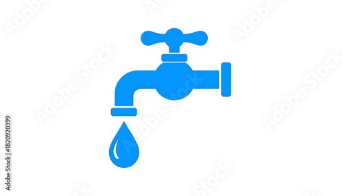 A blue water tap with a dripping drop isolated on a white background