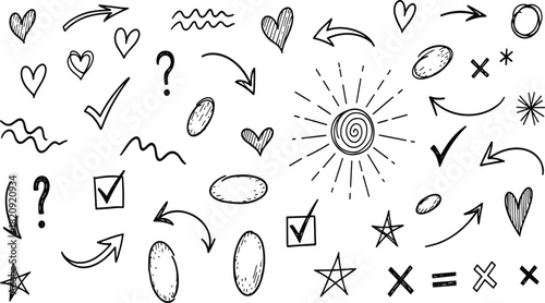 Hand-drawn doodle elements set, black sketch arrows, hearts, checkmarks, stars, ovals, and question marks collection, useful vector graphic design assets.