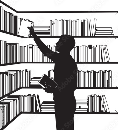 Silhouette of a person reaching for a book on a crowded bookshelf in a library
